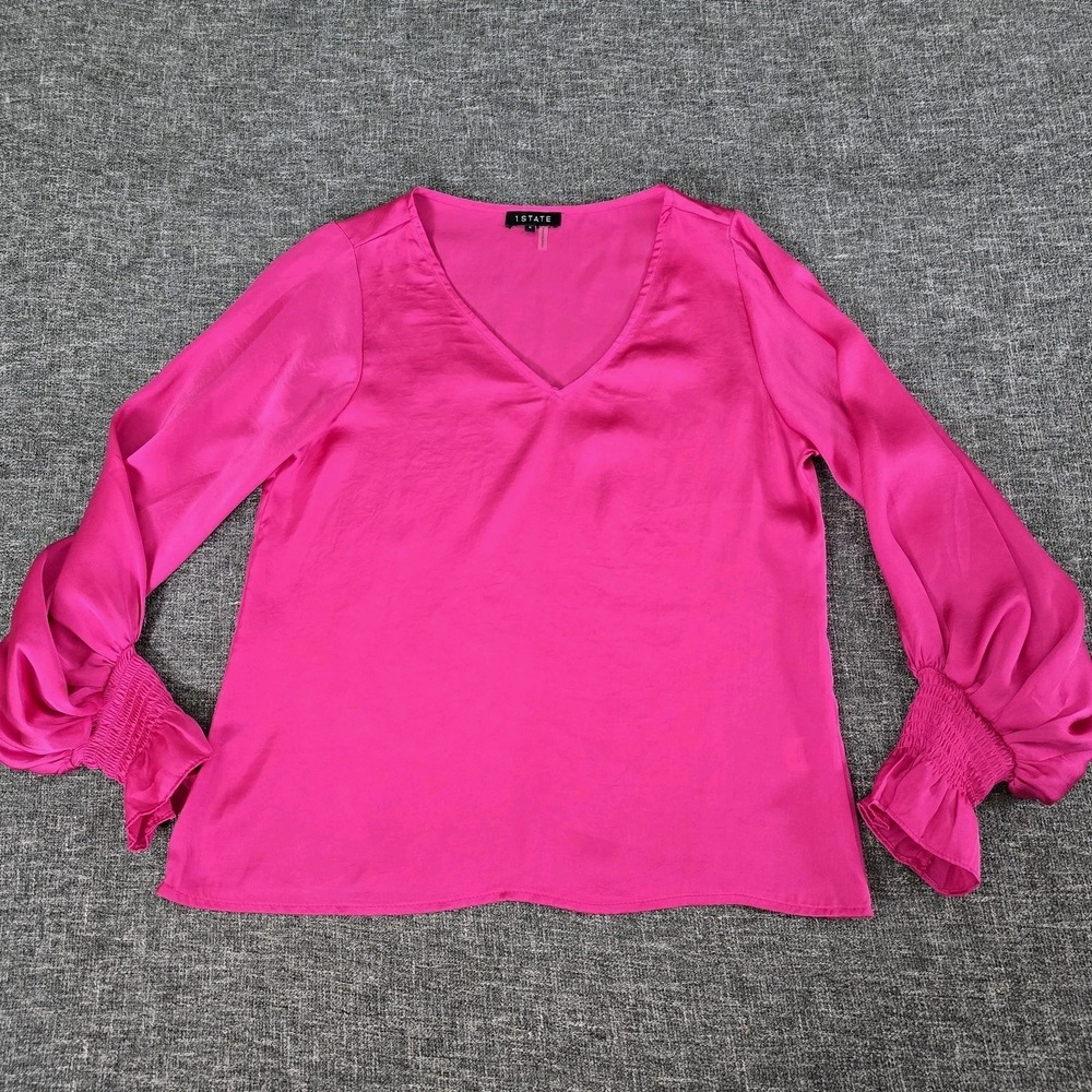 1.STATE Womens Hot Pink V-Neck Smocked Ruffle Cuff Balloon Sleeve Blouse Small